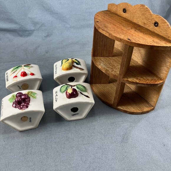 Antique Curved Spice Rack Made in Japan Ceramic & Wood Wall Mounted Compartment - Picture 3 of 5